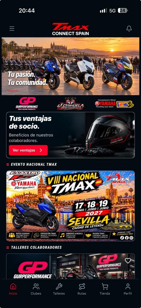 Pantalla de inicio de TMAX Connect Spain con ventajas, eventos y talleres