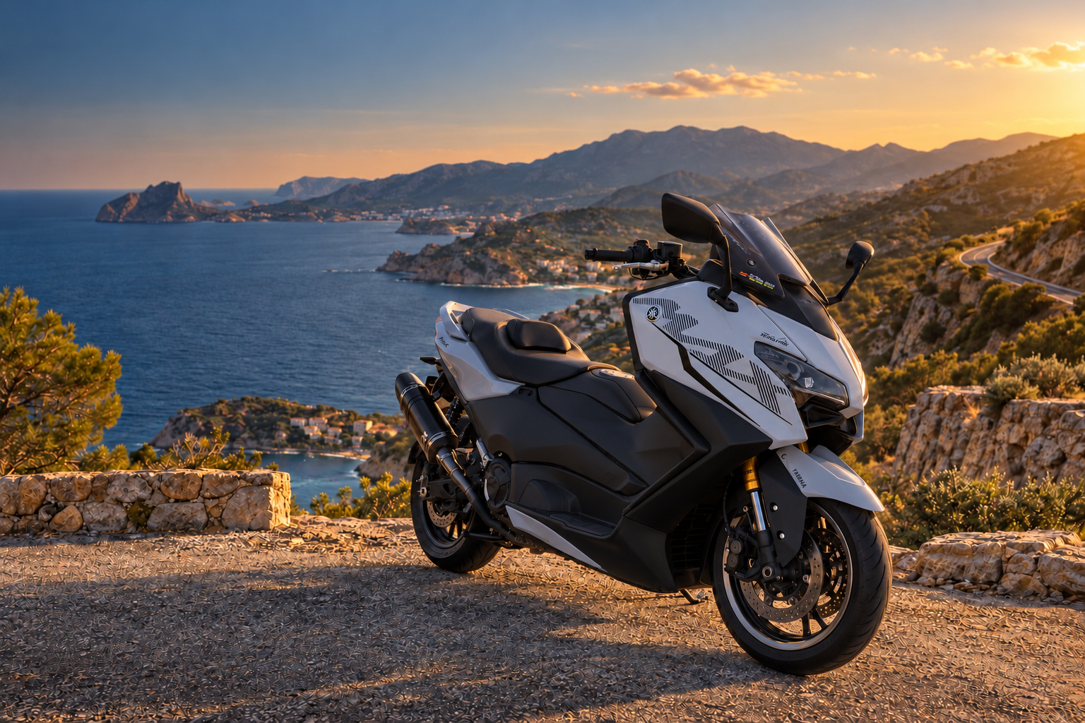 TMAX junto a una carretera de costa al atardecer